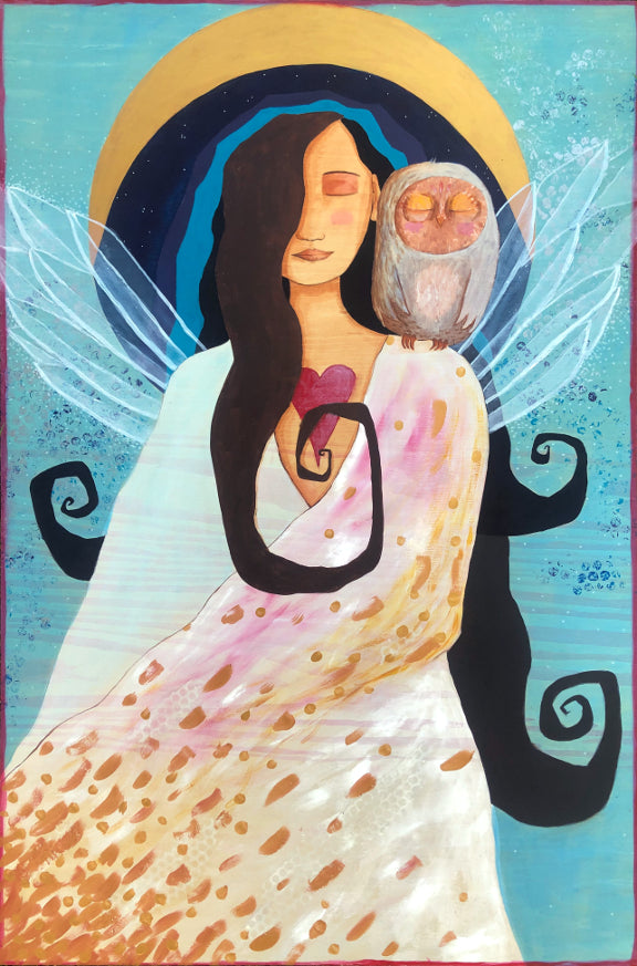 painting of a woman with long dark hair and crystaline wings.  She is wearing a white gown with gold markings.  She has a heart symbol on her chest.  On her left shoulder is an owl.  Behind them is a crescent moon and fields of blue with circular markings. 