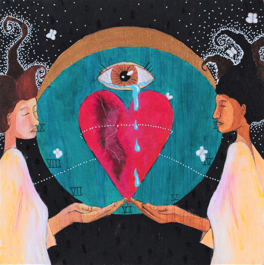 painting of two women, one black and one white, holding out their hands. Balanced on their fingertips is a giant heart, with an eye hovering above it. The eye is crying and the tears are dripping down in front of the heart. In the background is a blue circle with Roman numerals on it like a clock, and a crescent moon at the top. In behind that is a black field with black and white details and fluttering white moths.