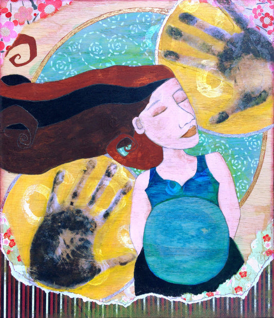 painting of a pregnant woman with dark hair and a blue shirt. Behind her are yellow circles with handprints in them and collaged paper around the edges.