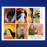 A flat postcard on a blue background.  The card shows 6 images which adorn a set of blank notecards by Lea K. Tawd.