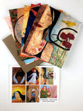 Six beautiful notecards, each with a different piece of art by Portland artist Lea K. Tawd.  The cards are fanned out at the top of the image.  The lower half of the image has a postcard showing all 6 images contained in the set. All of this is on a solid white background.
