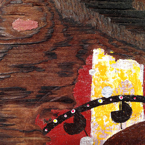 detail of painting on distressed wood by Lea K. Tawd