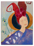 whimsical red haired lady in lavender gown with two crescent moons behind her head bird eggs on her left shoulder and a dead bird and peacock feathers on her right shoulder