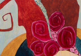 detail of mixed media painting showing roses and daisies flowers in red hair and wood grain