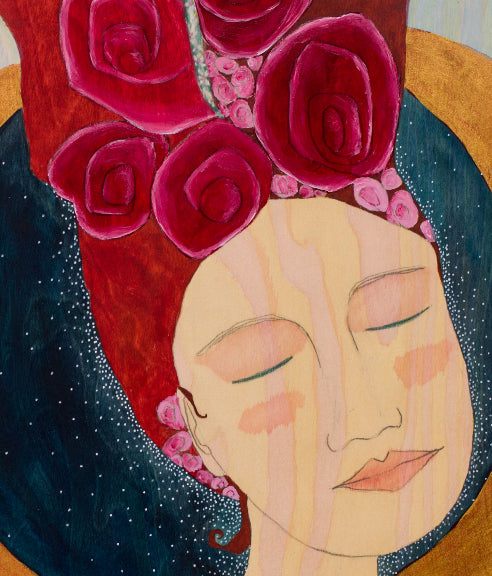 spiritual art detail beautiful woman's face with wood grain showing through and lovely whimsical hair with little pink flowers