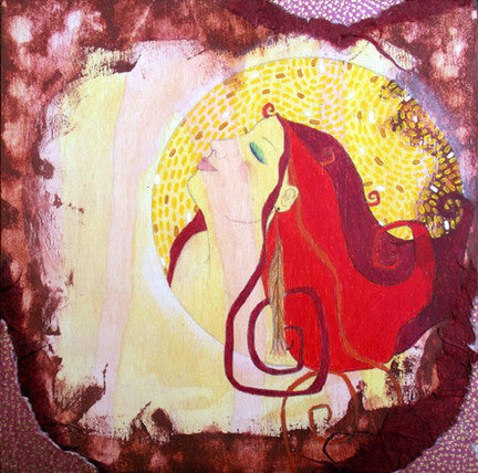 mixed media painting of a woman with red flowing hair on a yellow patterned background with earth toned textured around the edges