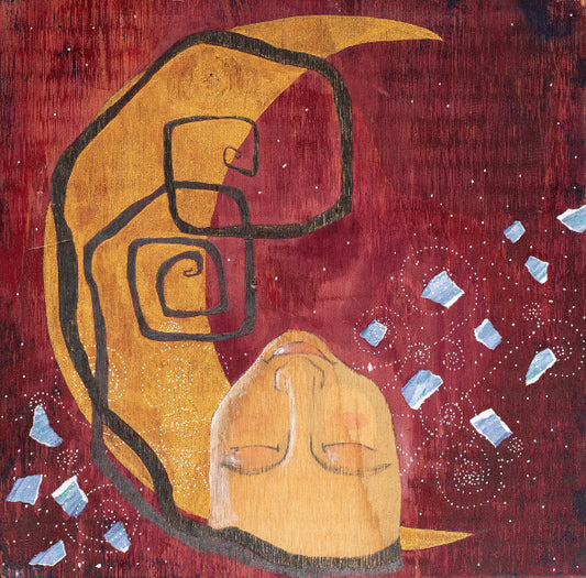 painting on wood of woman with her head back, chin in the air.  The background is mixed media gold crescent moon, violet magenta ground and collage paper with small details