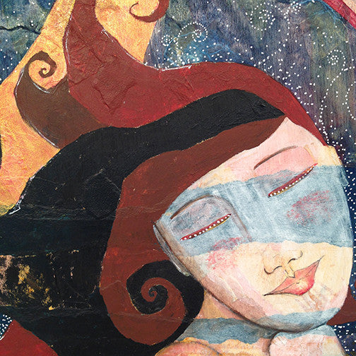 detail of a painting of a woman's face with textured mixed media background.