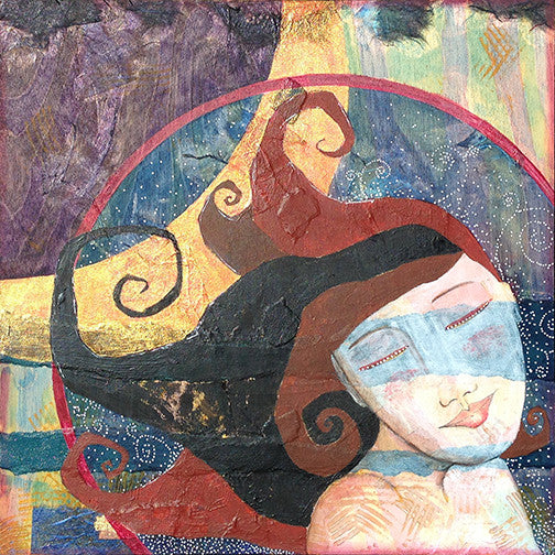 mixed media painting of a dreamy woman with flowing brown hair. The background is abstract colors--purple, red, blue, gold and a crescent moon