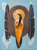 16 x 12" painting of a stylized woman wearing an ochre covering with a white shawl and holding a heart in her hand.  The background is sky blue with three black feathers, a moon and stars.