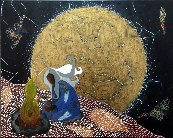 cosmic artwork depicting an elder woman kneeling in front of a fire.  There is a heart in the center of the fire.  Behind the woman is a full moon and constellations.  Beneath her are whimsical white markings.