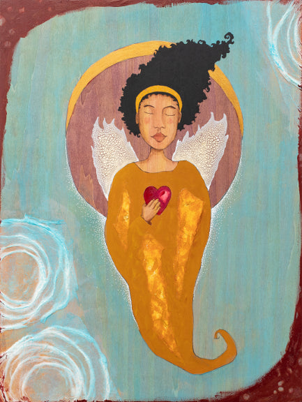 mixed media painting of a black woman with angel wings holding a heart in her hand. Behind her is a purple circle with a gold crescent moon.  The background is light blue with burgundy and white decorative elements.