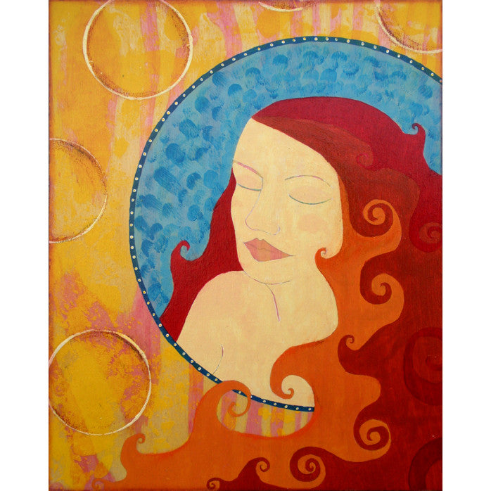 vibrant colorful artwork depicting a woman with firey red hair. She is in a circle of textured blue. Behind the circle are yelow and red painted wood grain and white circles.