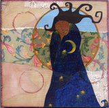 mixed media painting depicting a woman of color in a blue robe filled with stars and the moon.  Behind her is a golden circle, collaged paper and red decorative circles.