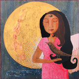 Mixed media painting on wood depicting a woman in a pink dress.  The woman's eyes are closed, but her 3rd eye is open.  She is holding a dark-colored bird in her hand.  On her left shoulder is an angel wing, and from her right shoulder dots of white signifying light spread out like a wing.  Behind her is a golden full moon on a dark field of blue.