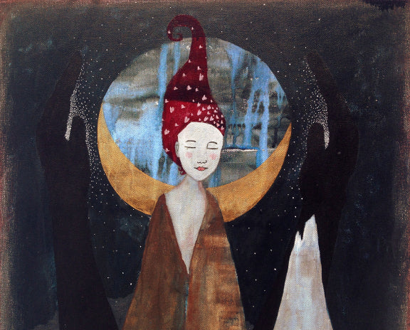 detail of a painting of a woman with red hair filled with hearts wearing a brown robe. behind her is a crescent moon and two dark hands surround her, with light radiating from them towards her.