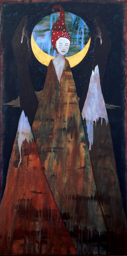 large acrylic painting of 3 mountains. a woman's body emerges from the middle mountain. a crescent moon is behind her and on either side are two dark hands radiating light towards her.