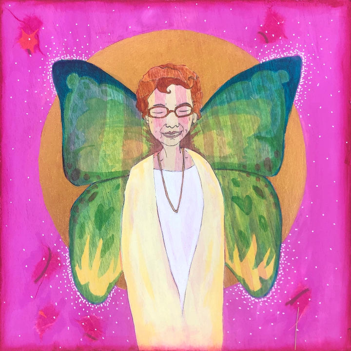 Painting of an elderly woman with butterfly wings.  She is standing in front of a golden moon with a bright pink background.