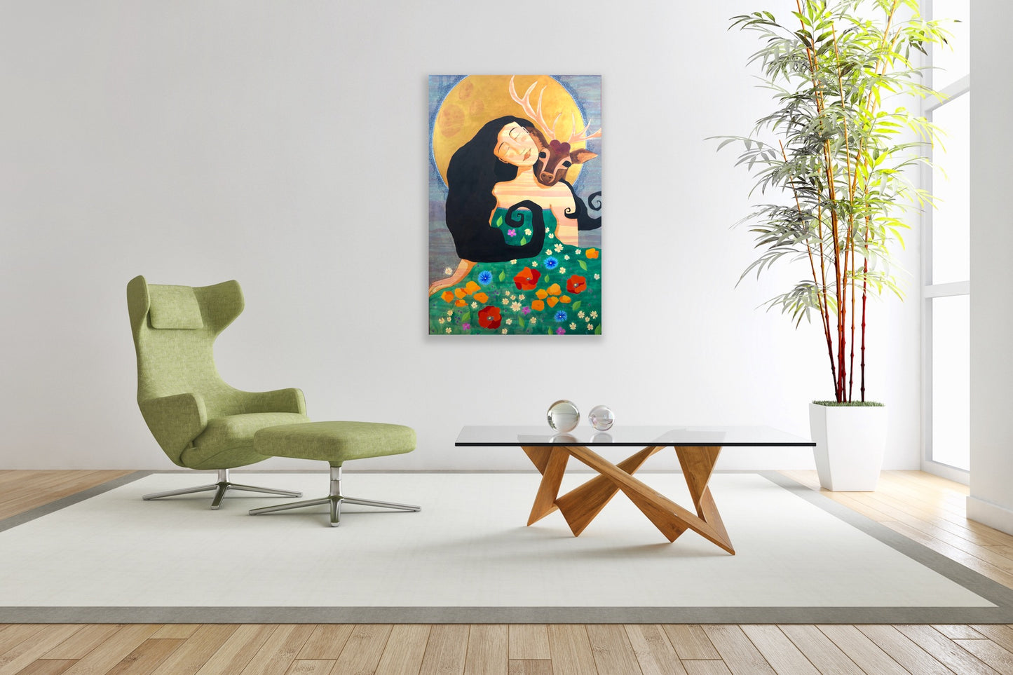 Living room decorated with a white rug, glass and wood table, green chair, potted bamboo, and a striking painting of a woman and a deer in front of a full moon.