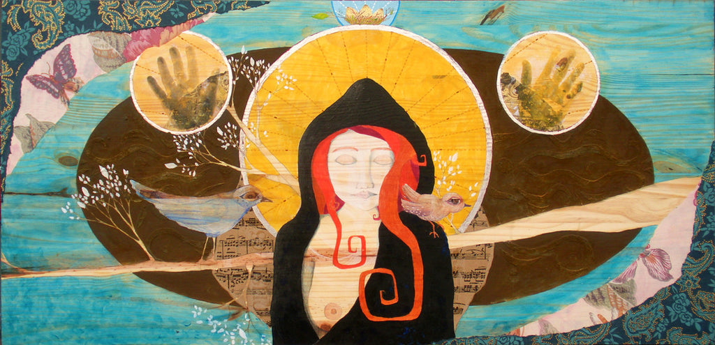 mixed media painting on natural wood depicting a red haired woman in a black cloak with one breast exposed.  On her shoulder is a brown bird.  There is a branch behind her with white leaves and a blue bird. behind her head is a yellow circle framed in sliver. Above the circle is a bird's nest with 3 eggs.  There are two symmetrical circles with hand prints in them.  The background is rusted iron , blue stained wood grain, and collaged paper. Art is by Portland Artist Lea K. Tawd