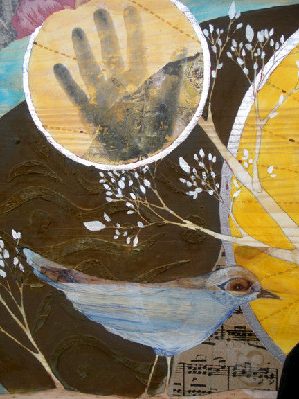 detail of mixed media painting depicting a blue bird, collage paper with musical notes, handprint, and textured background