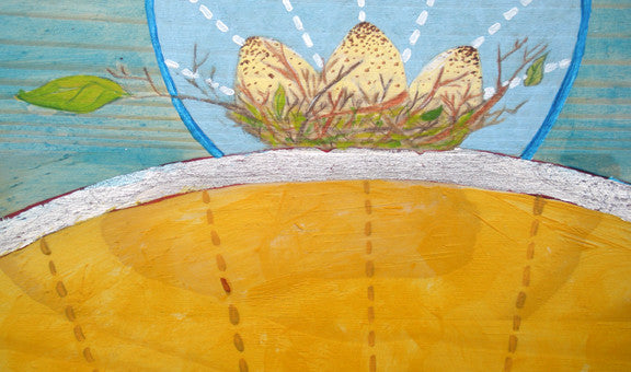 artwork detail showing 3 speckled eggs in a bird's nest, a silver arc and blue and yellow background