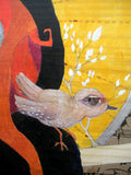 detail of artwork showing a little brown bird on a woman's shoulder.  The bird's eye is made from the knot in the wood.