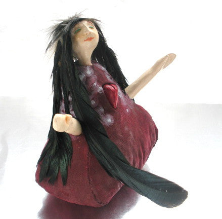 burgundy art doll with feathers for hair by Lea K. Tawd
