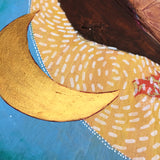 gold crescent moon painting detail on a mixed media artwork