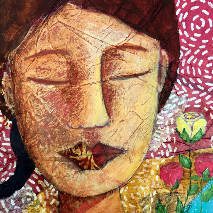 close up detail of textured mixed media woman's face and roses. 