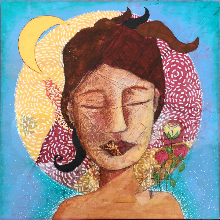feminine mixed media artwork depicting a woman with her eyes closed.  Her brown hair is up. There are red and yellow roses growing on her left shoulder and a crescent moon over her right.  Behind her head is a circle filled with textured paper and paint; behind the circle is a field of sky blue with white dotted patterns