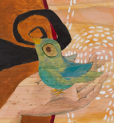 detail of art showing a bird in a hand 