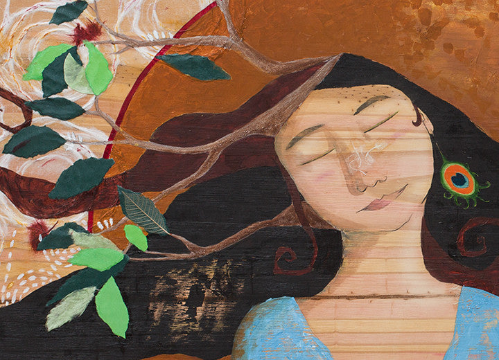 detail of painting woman with branches in her hair by Portland artist Lea K. Tawd