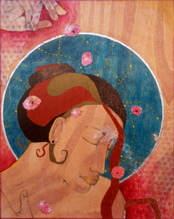 mixed media painting on wood of a sensuous woman with her eyes closed, one hand on her shoulder.  Above her is a hand dropping pink flowers onto her.  Behind her head is a blue circle with a silver lining. The circle is filled with yellow marks.  