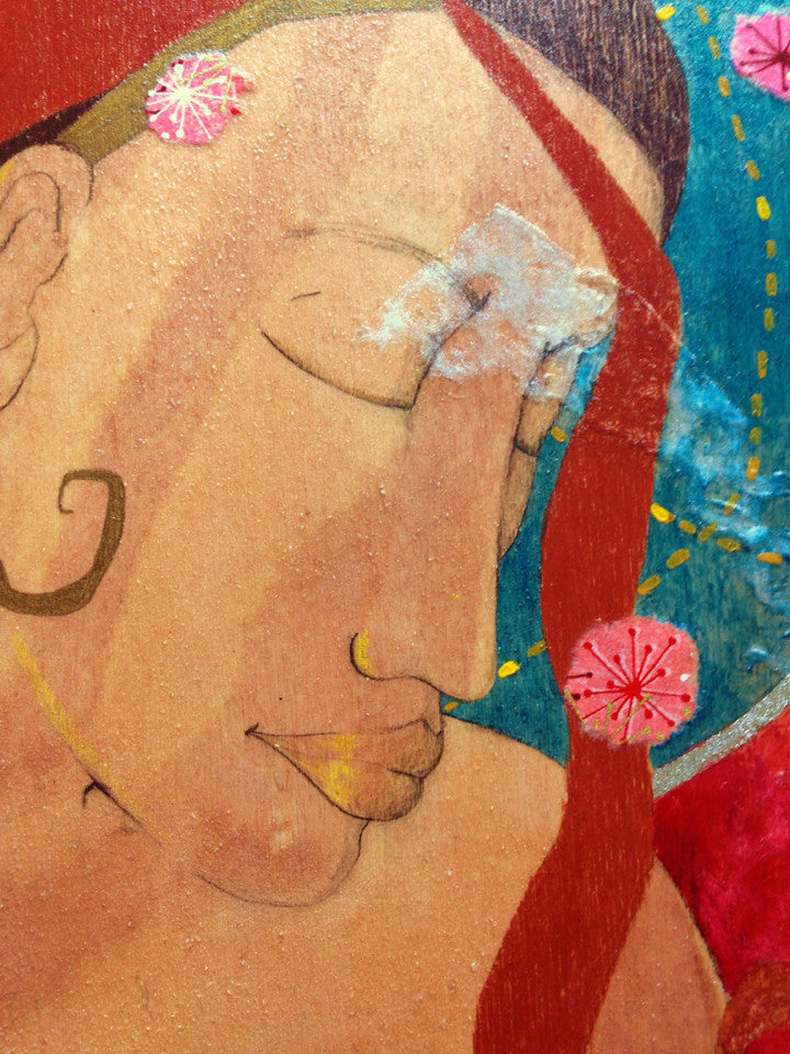detail of a painting of a woman with a meditative expression and a mixed media background