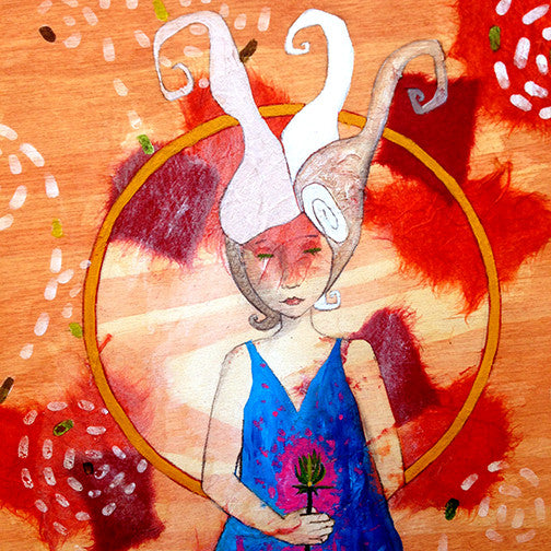 detail of a mixed media girl with white hair holding a flowering thistle