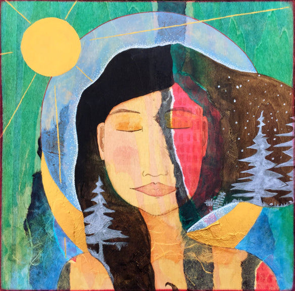 mixed media painting of a dark haired woman with silver silhouettes of trees in her hair.  behind her is a gold crescent moon, a gold sun, and green stained wood grain