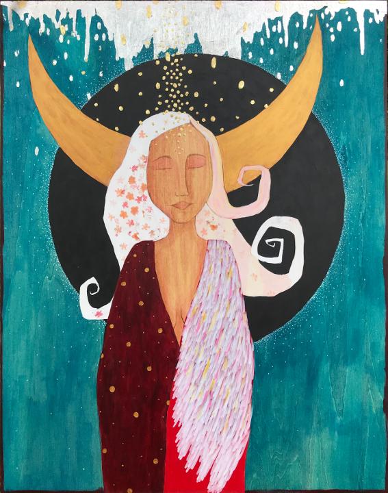 spiritual artwork on wood panel depicting a white haired woman with pink flowers in her hair wearing a read and golden gown with a wing on her left shoulder.  Behind her head is a crescent moon, a black circle, and a blue background.  Above her head is silver leaf dripping down and gold leaf marks falling down over her head