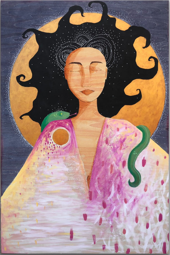 Painting of a woman with wild, curly black hair.  There are dots of white in a pattern in her hair.  A green sleeping snake is draped over her shoulders.  She is wearing a gown with abstract pink, gold, yellow and white markings on it.  Behind her is a full, golden moon with a dark blue background.