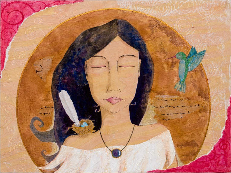 mixed media feminine painting on wood. The central figure has black hair and a white, textured blouse with a purple-blue pendant.  She has a nest on her right shoulder with a broken blue egg and a white feather in it.  There is a hummingbird hovering over her left shoulder.  Behind her head is a warm, golden brown circle lined with gold. Behind the circle are collaged white and red paper with spiral patterns. 