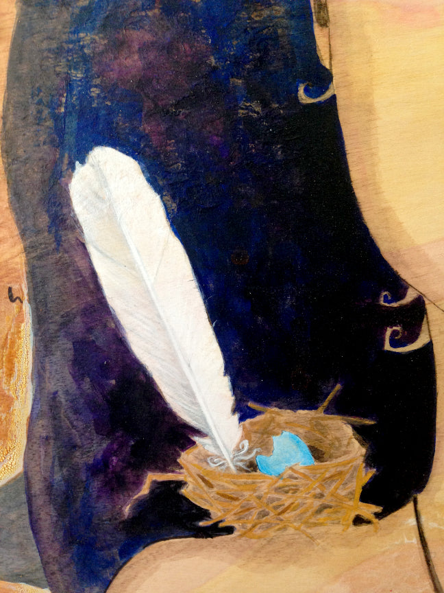 detail of nest and feather art by Lea K. Tawd