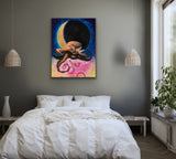 large painting of a nude woman sleeping, hanging on the wall in a bedroom