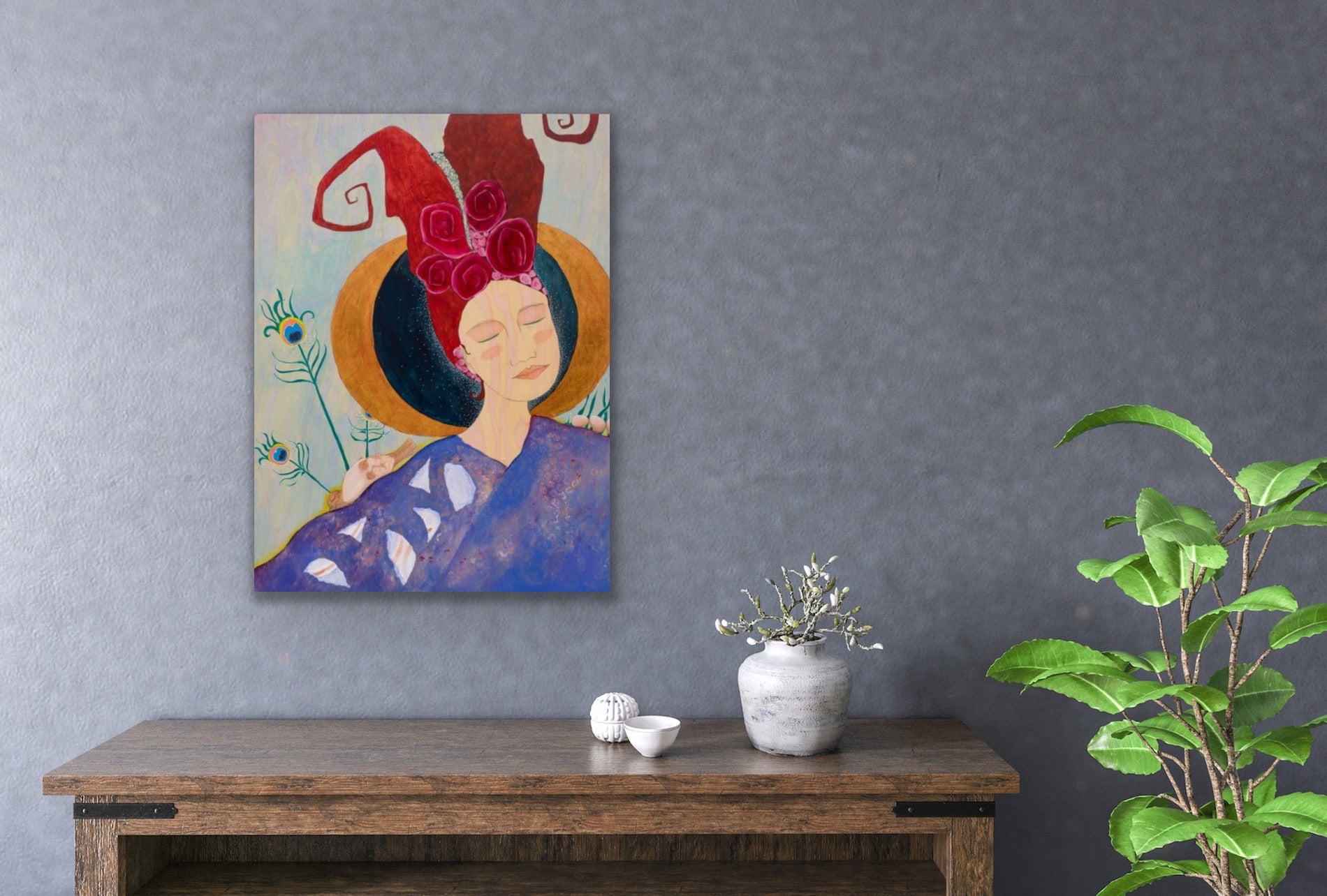 spiritual artwork showing a whimsical woman with flowers in her hair and a bird and eggs on her shoulders in a hallway entryway