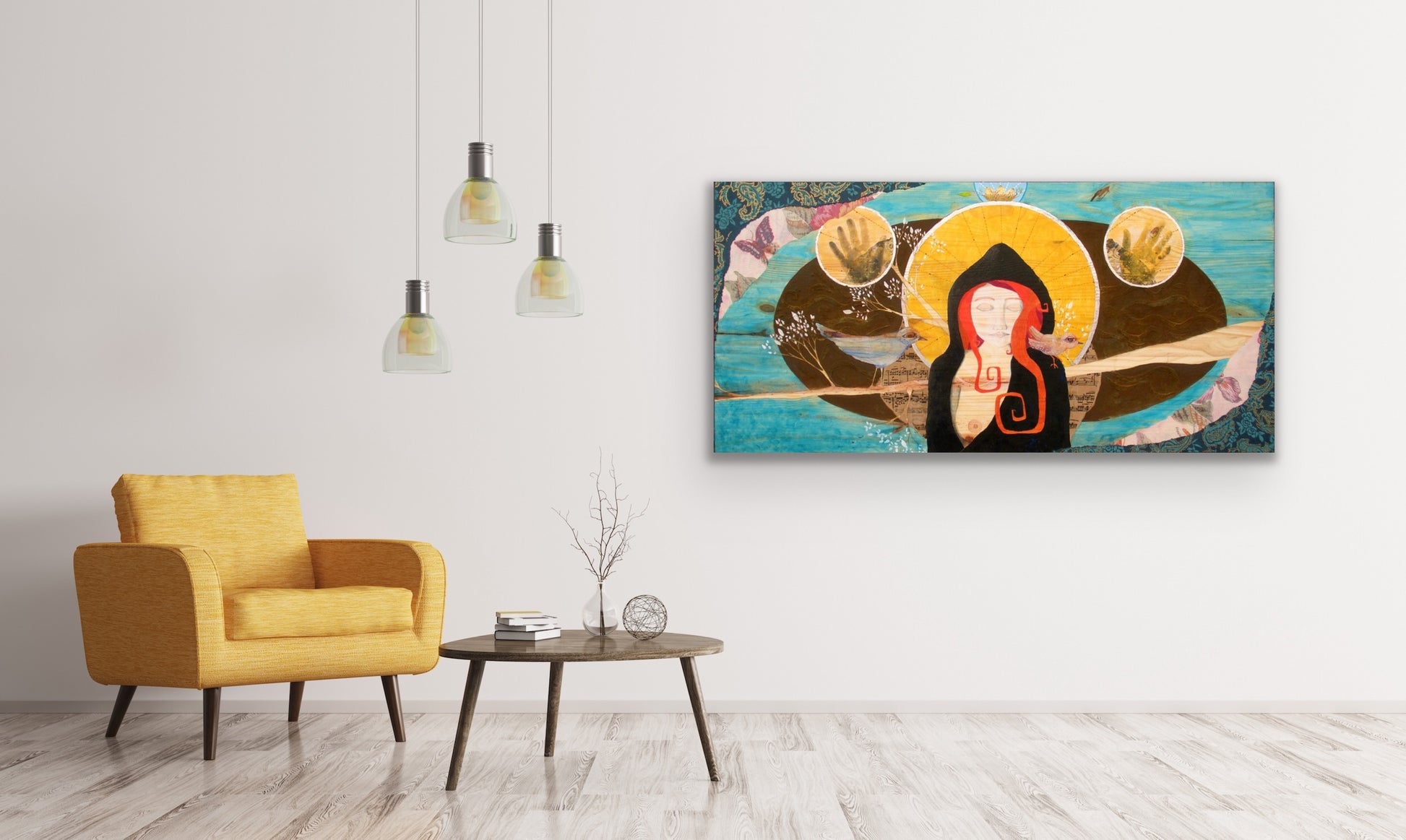 feminine artwork hanging on a wall in a room with a yellow chair, lamps, and a wooden table