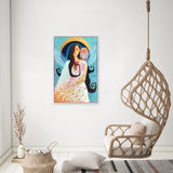 vibrant blue and gold artwork depicting a winged woman with an owl on her shoulder.  the painting is hanging on a white wall in a room with a wicker basket and a wicker chair suspended from the ceiling.